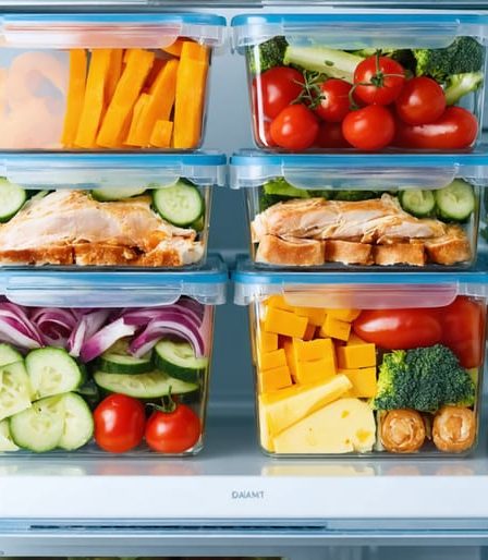 Open fridge filled with a week's worth of neatly organized, labeled meal prep containers showcasing a variety of colorful, portioned meals.
