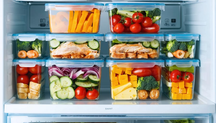 Open fridge filled with a week's worth of neatly organized, labeled meal prep containers showcasing a variety of colorful, portioned meals.