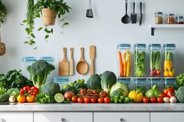 Neatly arranged kitchen countertop with vibrant seasonal produce, glass meal prep containers, and essential kitchen tools, illustrating a mindful approach to meal preparation.