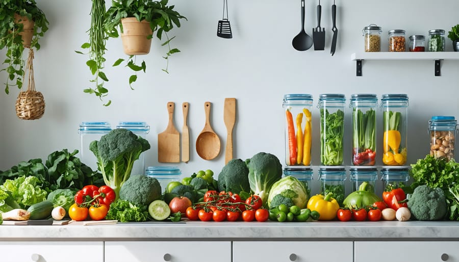 Neatly arranged kitchen countertop with vibrant seasonal produce, glass meal prep containers, and essential kitchen tools, illustrating a mindful approach to meal preparation.