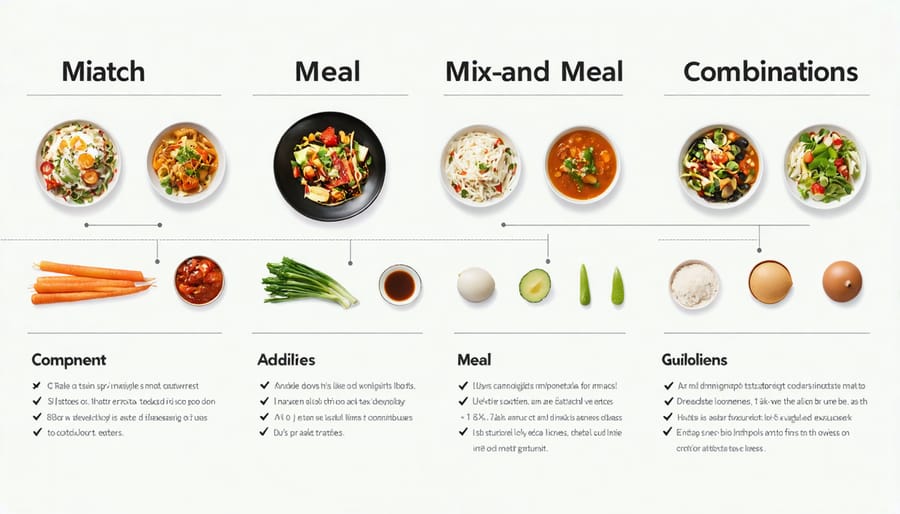 Visual diagram of protein, vegetable, and grain options with arrows showing different meal combinations