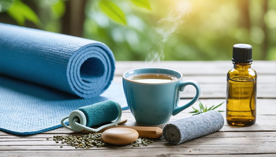 Carefully styled morning wellness ritual setup featuring natural beauty and wellness items