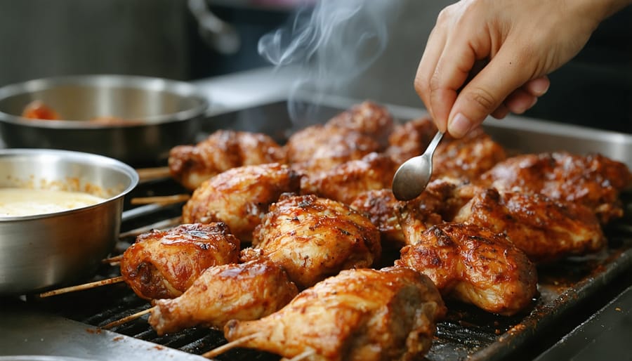Chef preparing tandoori chicken in an ornate traditional kitchen with authentic clay tandoor