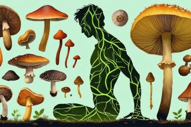 "Artistic collage of medicinal mushrooms forming the outline of a human body, illustrating the concept of mushrooms boosting the immune system."
