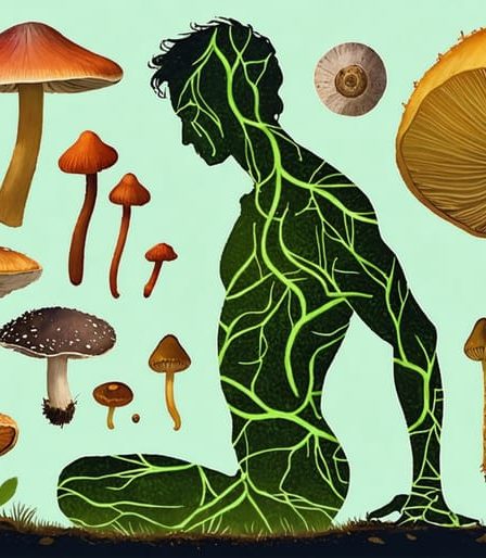 "Artistic collage of medicinal mushrooms forming the outline of a human body, illustrating the concept of mushrooms boosting the immune system."