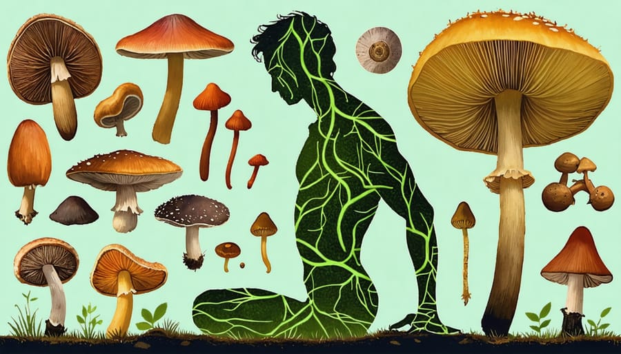 "Artistic collage of medicinal mushrooms forming the outline of a human body, illustrating the concept of mushrooms boosting the immune system."
