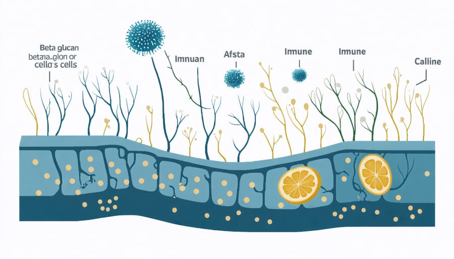 Illustration depicting beta-glucan molecules activating immune system response
