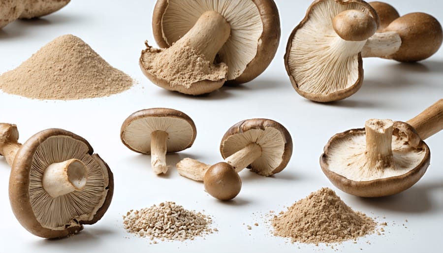 Three-stage image showing whole dried mushrooms, grinding process, and final powder blend
