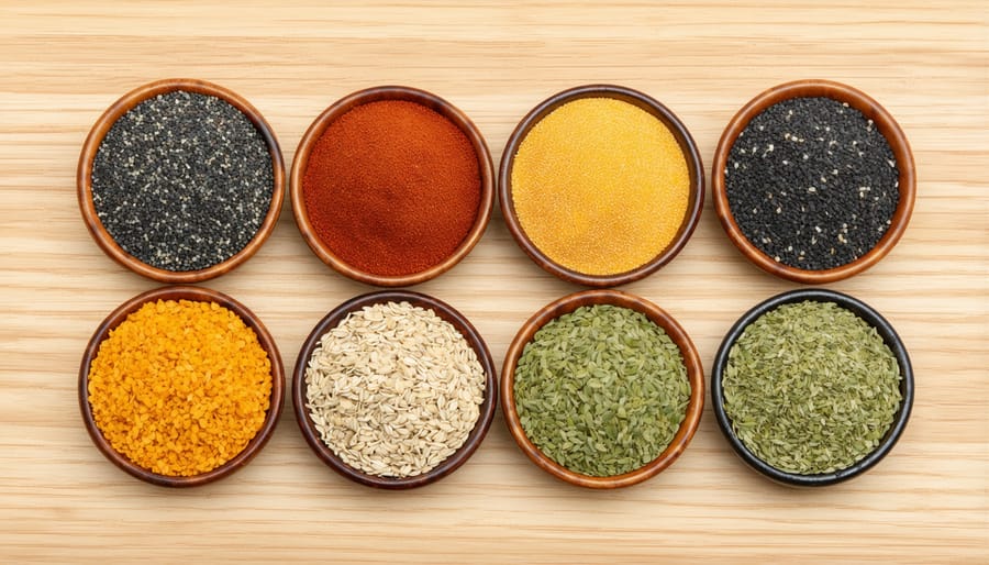 Collection of different nutrient-rich seeds displayed in individual wooden bowls