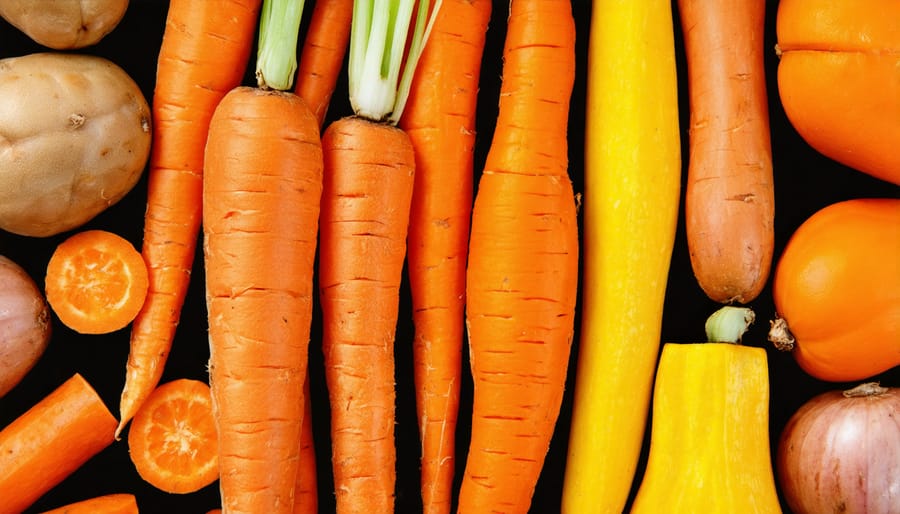 Fresh orange and yellow vegetables rich in beta-carotene arranged on a wooden surface