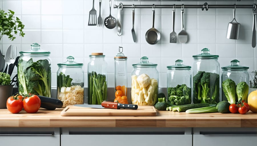 Clean, organized kitchen workspace with meal prep ingredients and tools