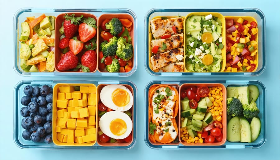 Neatly arranged glass containers filled with balanced meals including proteins, vegetables, and grains