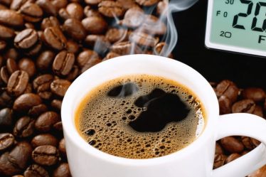 A steaming cup of coffee with a digital thermometer reading 200°F, surrounded by coffee beans, illustrating the importance of precise brewing temperature for optimal flavor extraction.
