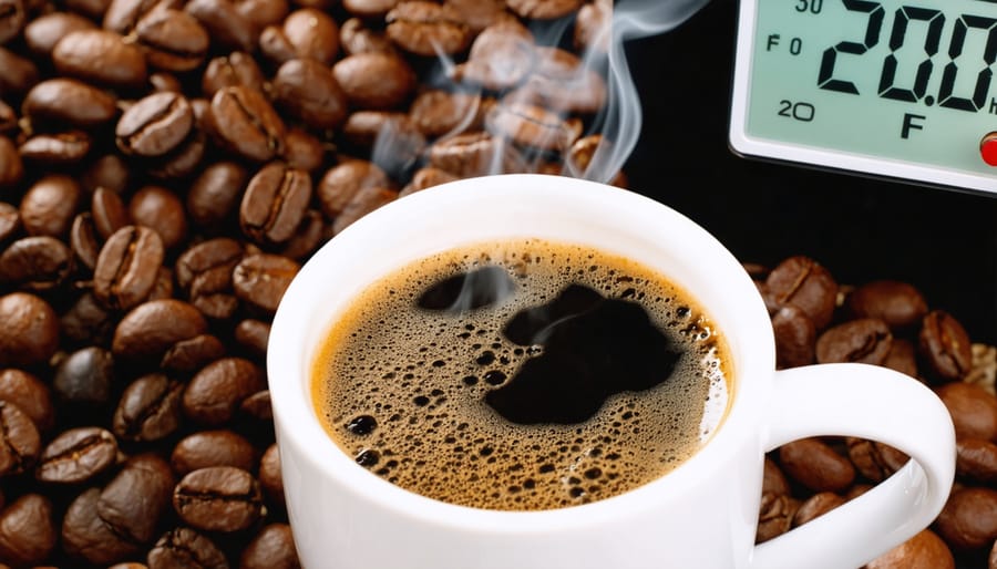 A steaming cup of coffee with a digital thermometer reading 200°F, surrounded by coffee beans, illustrating the importance of precise brewing temperature for optimal flavor extraction.