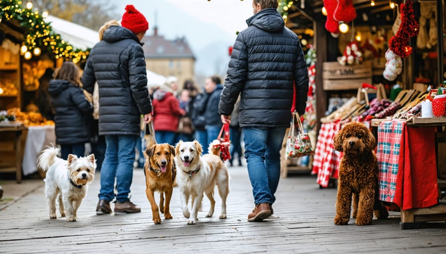 Dogs and their owners shopping at a Christmas market with decorated booths