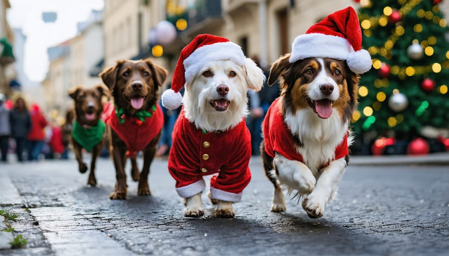 Dogs wearing Christmas costumes participating in a holiday pet parade