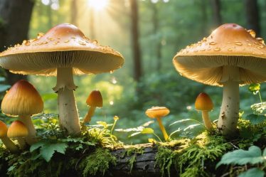 Illustration of mushrooms and lichen under soft sunlight, showcasing their role in producing vitamin D naturally.