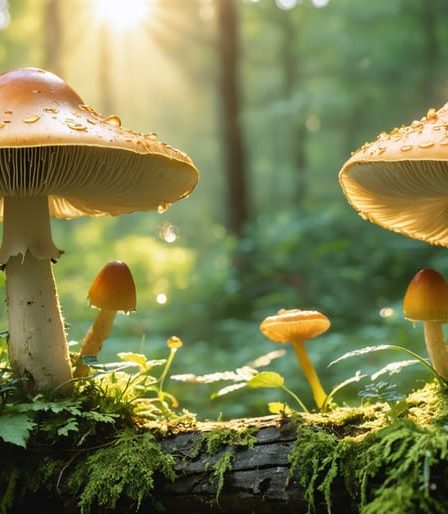 Illustration of mushrooms and lichen under soft sunlight, showcasing their role in producing vitamin D naturally.