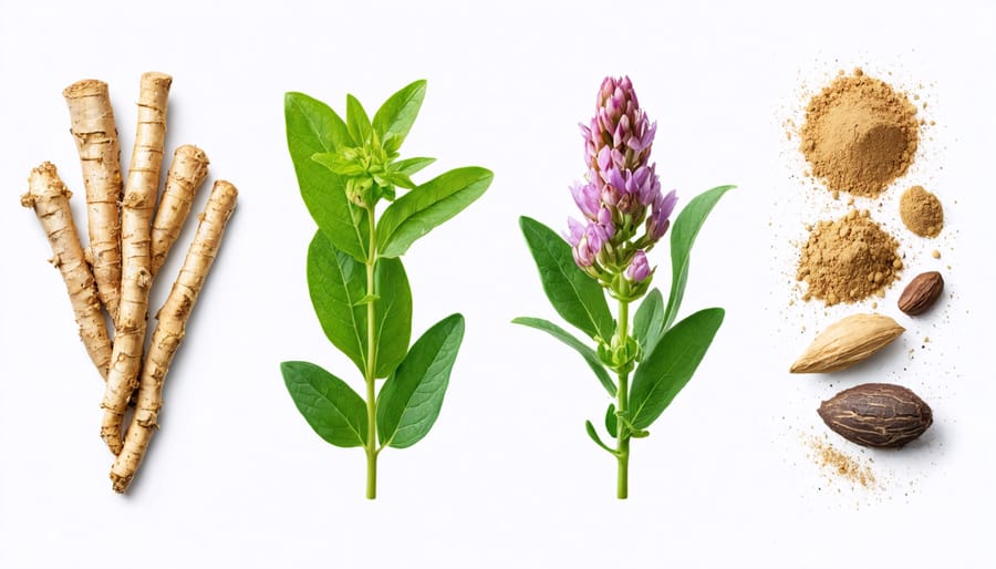 Flatlay arrangement of four common adaptogenic herbs: Ashwagandha, Holy Basil, Rhodiola, and Maca