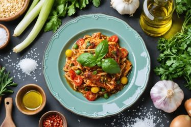 A colorful dinner plate featuring a meal prepared with eight ingredients, surrounded by fresh produce and pantry staples, symbolizing simplicity and efficiency in family cooking.