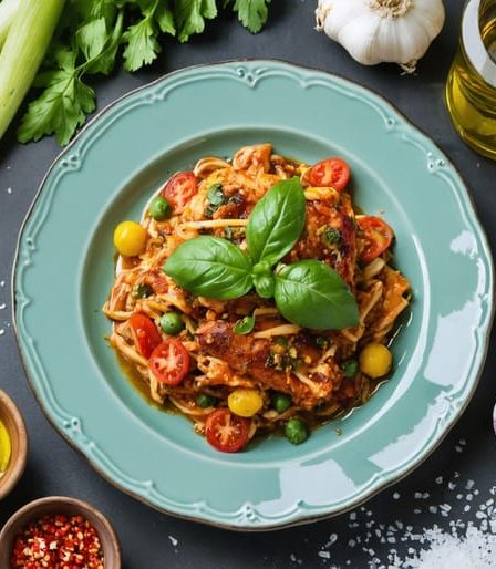 A colorful dinner plate featuring a meal prepared with eight ingredients, surrounded by fresh produce and pantry staples, symbolizing simplicity and efficiency in family cooking.