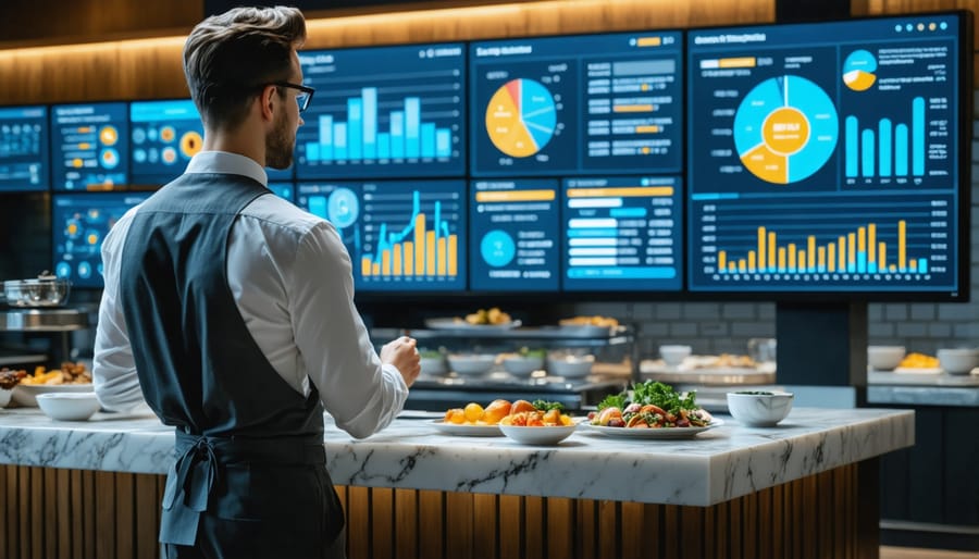 Restaurant professional reviewing multiple screens with performance metrics and analytics