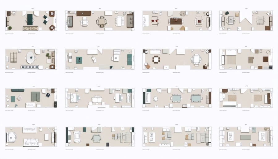 Various furniture arrangement options for living room, bedroom, and dining spaces