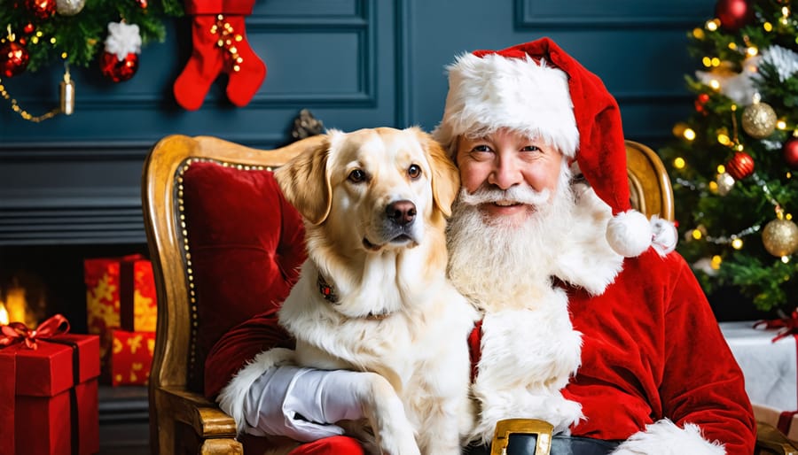 Happy golden retriever posing with Santa Claus during a pet photo session
