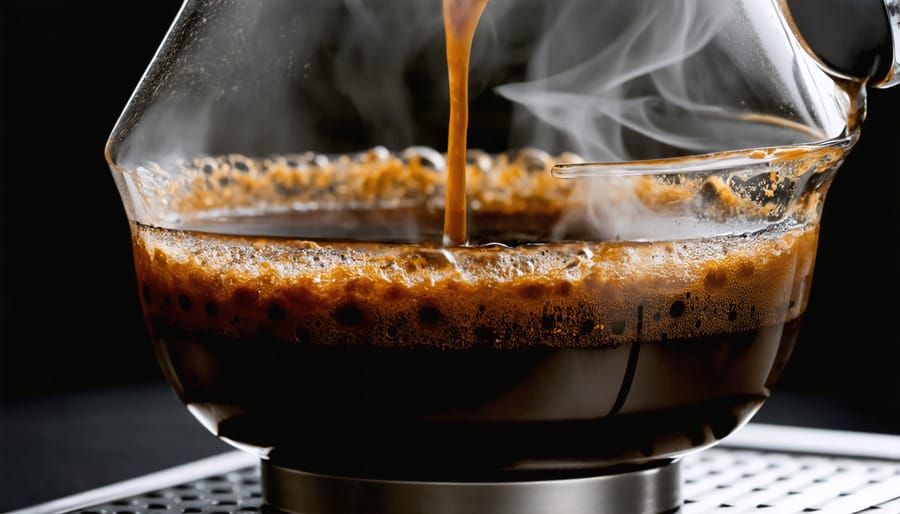 Coffee being brewed with steam rising, illustrating the chemical reactions and extraction of compounds from coffee grounds.