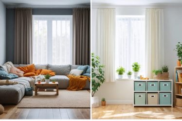 A split-screen image of a living room showcasing side-by-side winter and summer decor styles with organized storage elements.