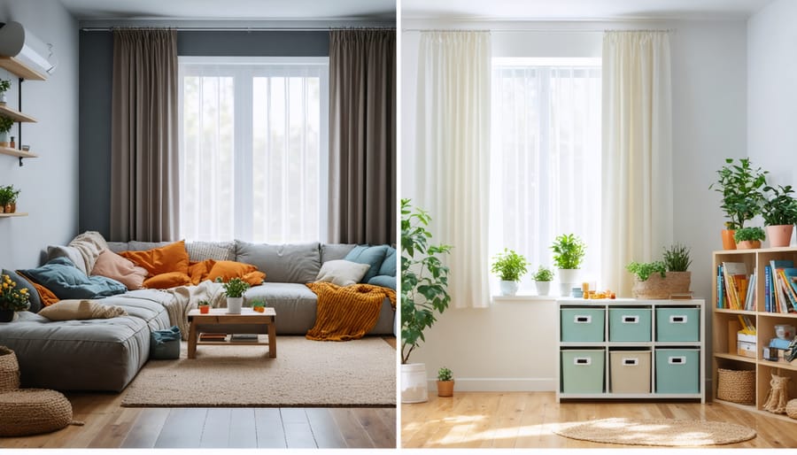 A split-screen image of a living room showcasing side-by-side winter and summer decor styles with organized storage elements.