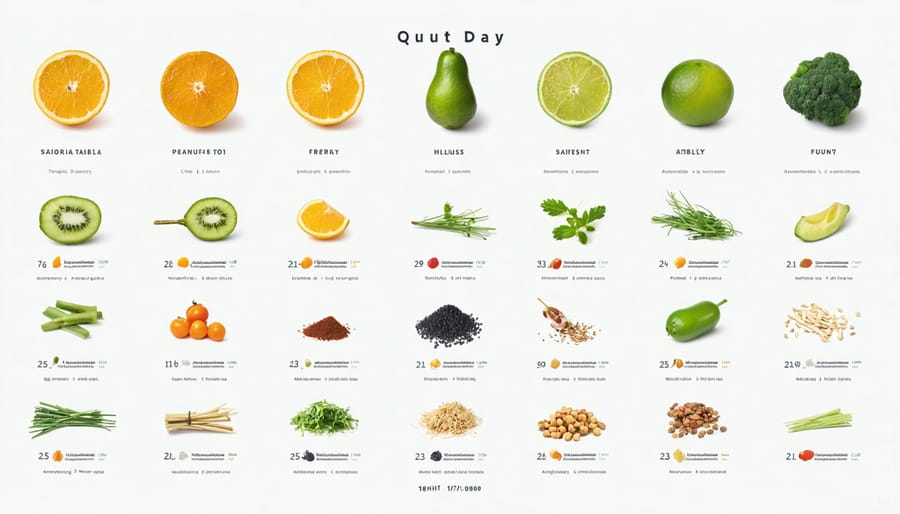 Visual meal planning calendar featuring seasonal fruits and vegetables for each day of the week