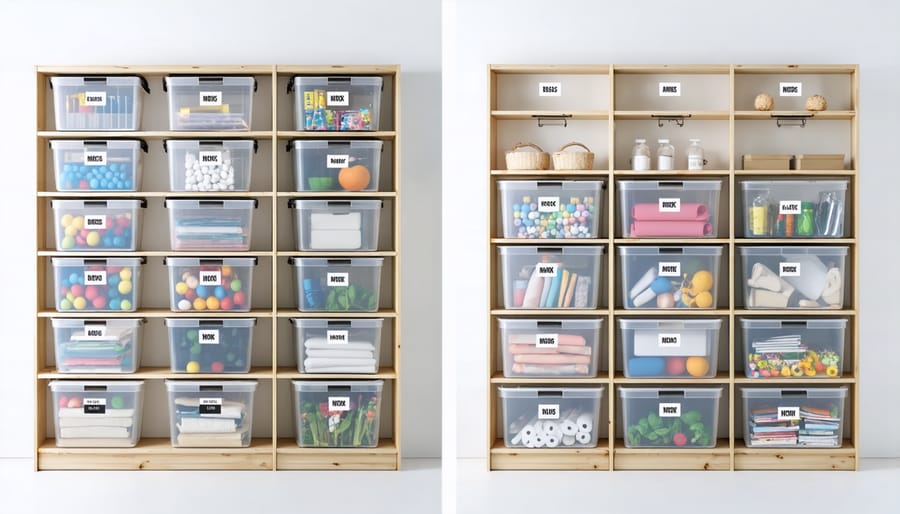 Well-organized storage system with labeled bins for different seasons