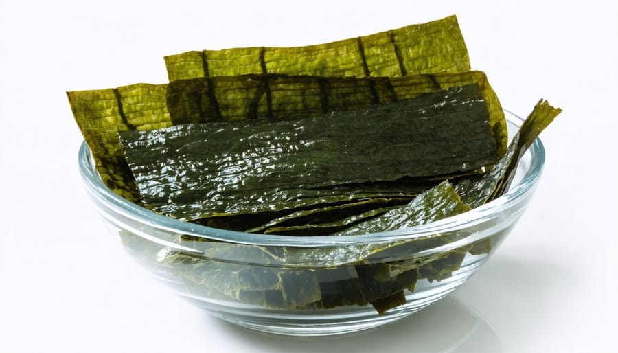 Process of rehydrating wakame seaweed showing before and after stages