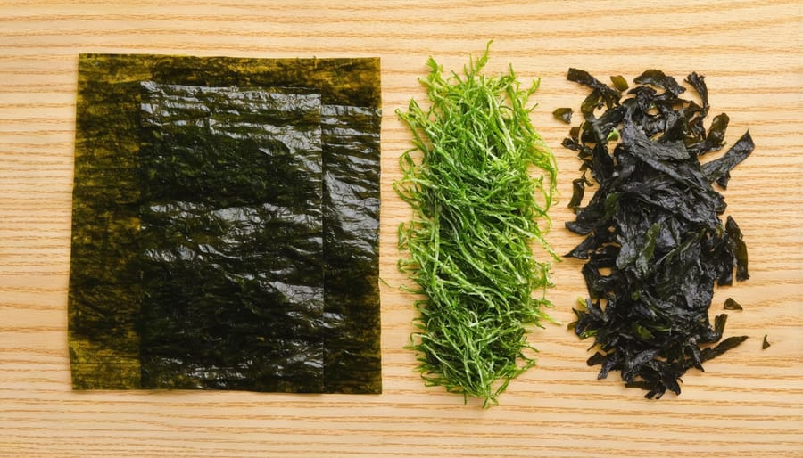 Various types of dried seaweed arranged on a rustic wooden board