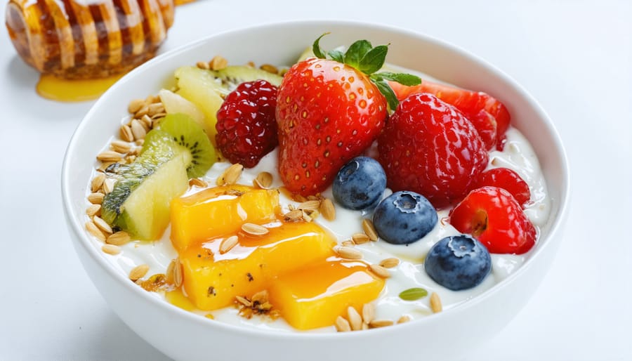 Healthy breakfast bowl with yogurt garnished with mixed seeds and fruits