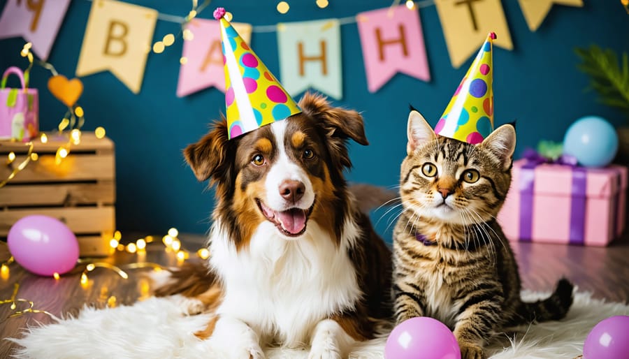 Adopted dog and cat happily celebrating with colorful, pet-safe decorations and party hats in a homely setting.