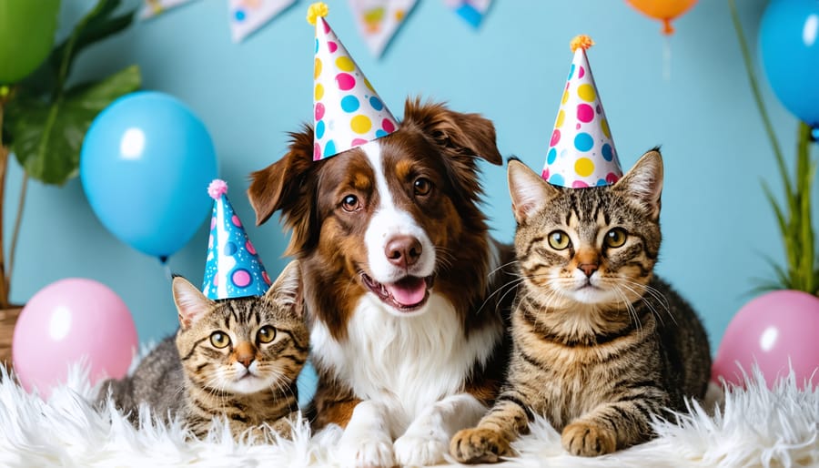 Shelter pets celebrating with colorful pet-safe party decorations and festive hats