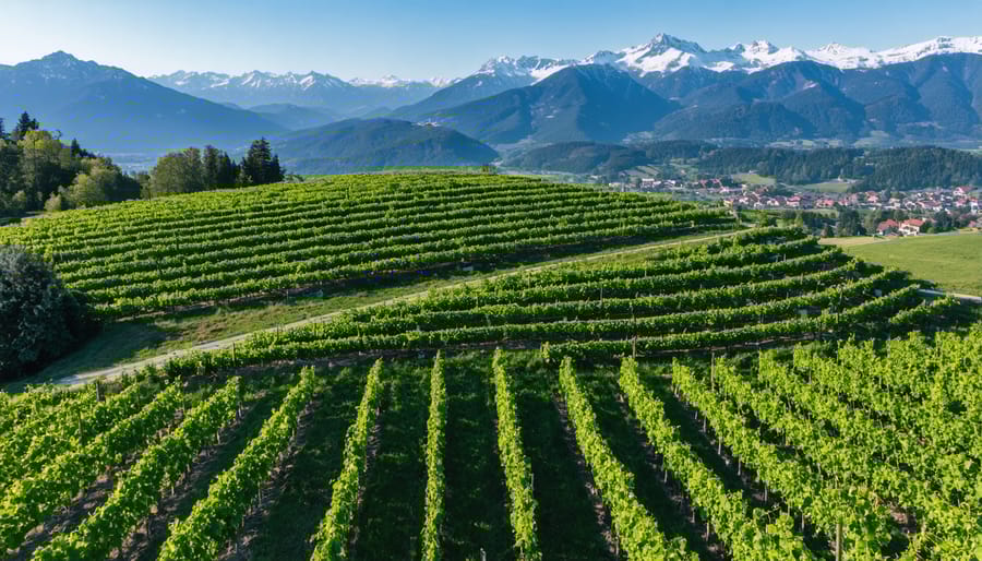 Scenic view of Slovenian alpine vineyards with terraced grape cultivation against mountain backdrop