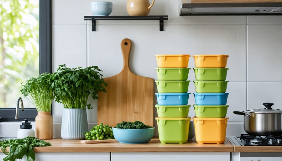 Organized kitchen with prepped meal containers and essential cooking tools, highlighting the smart batch cooking process.