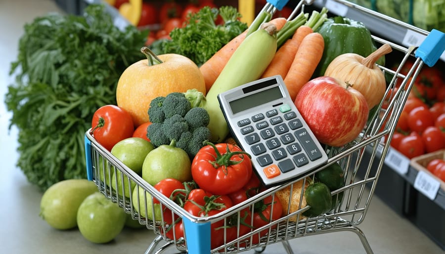 Shopping cart containing fresh seasonal vegetables and bulk purchases with shopping planning materials