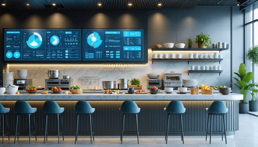 High-tech professional kitchen with smart ovens, digital temperature monitors, and connected devices