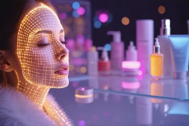 Portrait of a woman being illuminated by LED lights, symbolizing the integration of technology in skincare, with smart mirrors and AI-driven apps subtly integrated in the background.