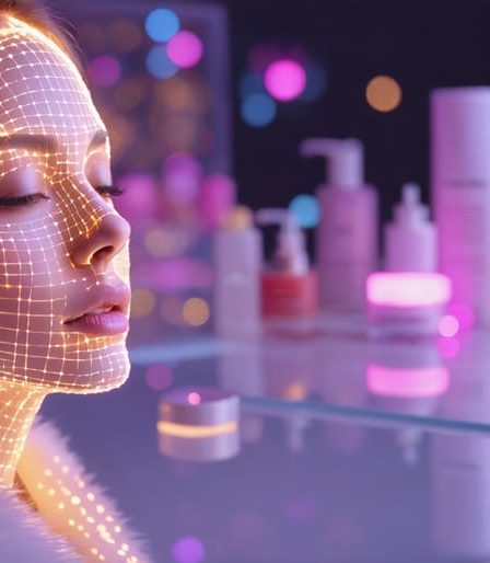 Portrait of a woman being illuminated by LED lights, symbolizing the integration of technology in skincare, with smart mirrors and AI-driven apps subtly integrated in the background.