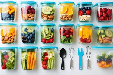 A flat lay image showcasing travel-friendly meal prep with a variety of containers including vibrant mason jar salads, stacked clear containers filled with nuts and dried fruits, smoothie bags, and sleek, TSA-friendly travel tools like silicone bags and mini whisks set against a modern kitchen backdrop.