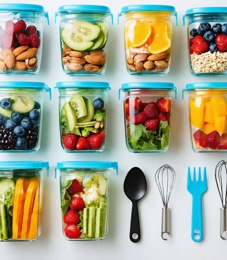 A flat lay image showcasing travel-friendly meal prep with a variety of containers including vibrant mason jar salads, stacked clear containers filled with nuts and dried fruits, smoothie bags, and sleek, TSA-friendly travel tools like silicone bags and mini whisks set against a modern kitchen backdrop.