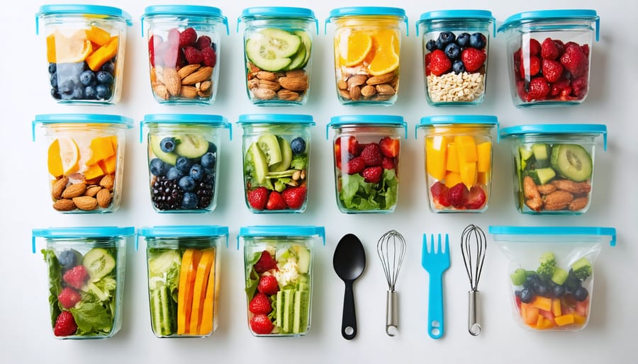 A flat lay image showcasing travel-friendly meal prep with a variety of containers including vibrant mason jar salads, stacked clear containers filled with nuts and dried fruits, smoothie bags, and sleek, TSA-friendly travel tools like silicone bags and mini whisks set against a modern kitchen backdrop.