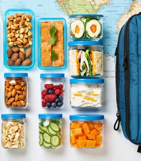 Assorted travel-friendly meal prep items laid out on a table, including containers with mixed nuts, dried fruits, protein bars, wrap sandwiches, and mason jar salads, set against a background featuring a travel map and a mini fridge.