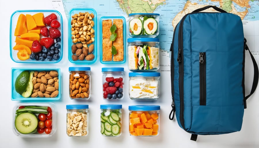 Assorted travel-friendly meal prep items laid out on a table, including containers with mixed nuts, dried fruits, protein bars, wrap sandwiches, and mason jar salads, set against a background featuring a travel map and a mini fridge.