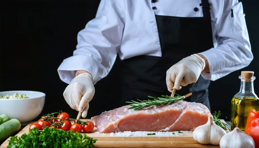 Chef preparing sous vide dishes using immersion circulator and vacuum-sealed bags